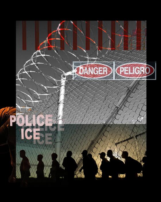 Collage of barbed wire, migrants walking, danger signs 