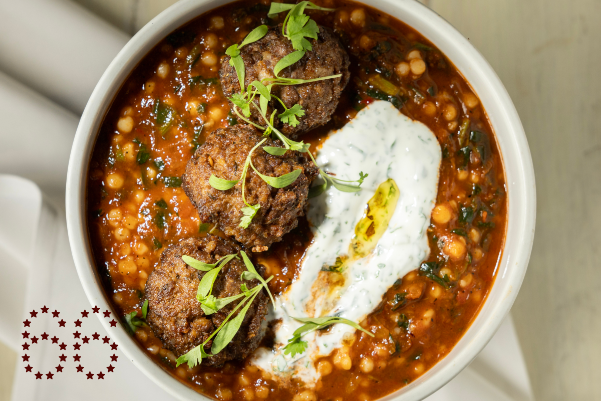 HERMOSA BEACH, CA - SEPTEMBER 27: Lamb meatballs in m'hamsa stew and labneh at Barsha in Hermosa Beach, CA on Friday, Sept. 27, 2024. (Myung J. Chun / Los Angeles Times)