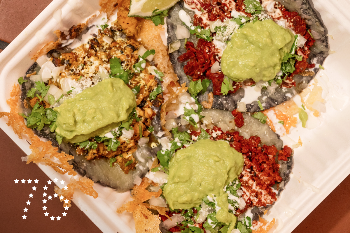 LOS ANGELES, CA - OCTOBER 24, 2024: A sampler trio plate of queso tacos (Ranchera Asada, Papas Con Chorizo, Black Bean Con Pollo) at Villas Tacos in Los Angeles. (Ron De Angelis / For The Times)