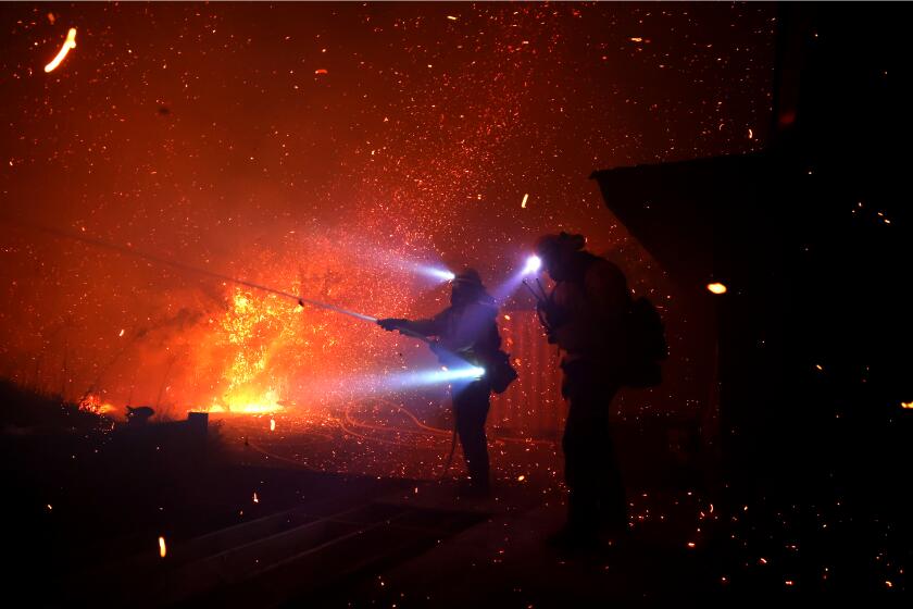 Malibu, California December 10, 2024-Firefighters battle the Franklin Fire next to a business along Pacific Coast Highway in Malibu Tuesday. (Wally Skalij/Los Angeles Times)