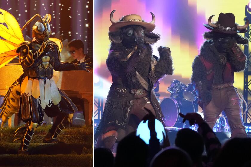 Two photos of a person singing in a wasp costume, left, and two people singing in buffalo costumes