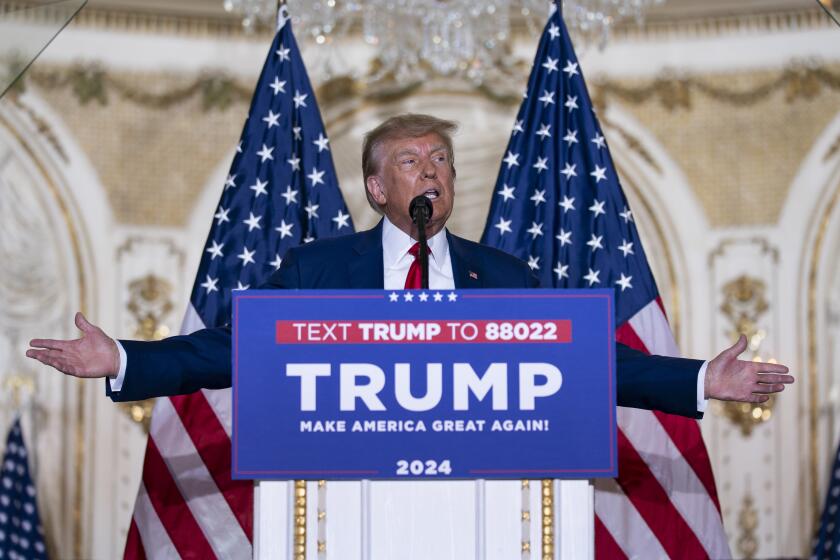 Former President Donald Trump speaks at his Mar-a-Lago estate Tuesday, April 4, 2023, in Palm Beach, Fla.,