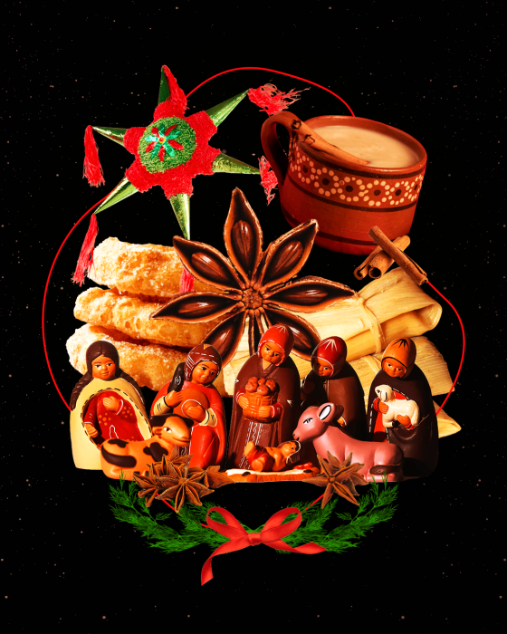 Images of a nativity scene, piñata, food 