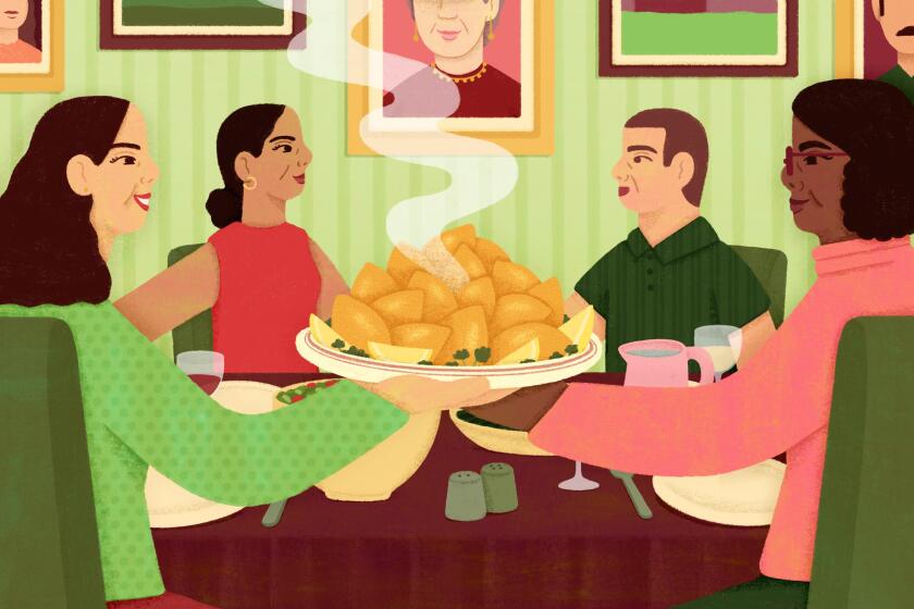 Illustration of a family sitting around a holiday kufta dinner with a matriarch's portrait on the wall above them