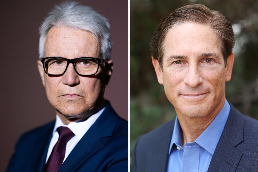 LEFT: George Gascon is photographed at the Los Angeles Times in El Segundo on September 8, 2023. RIGHT: Santa Monica, CA - May 19: Nathan Hochman on May 19, 2022 in Santa Monica, CA.(Dania Maxwell / Los Angeles Times)