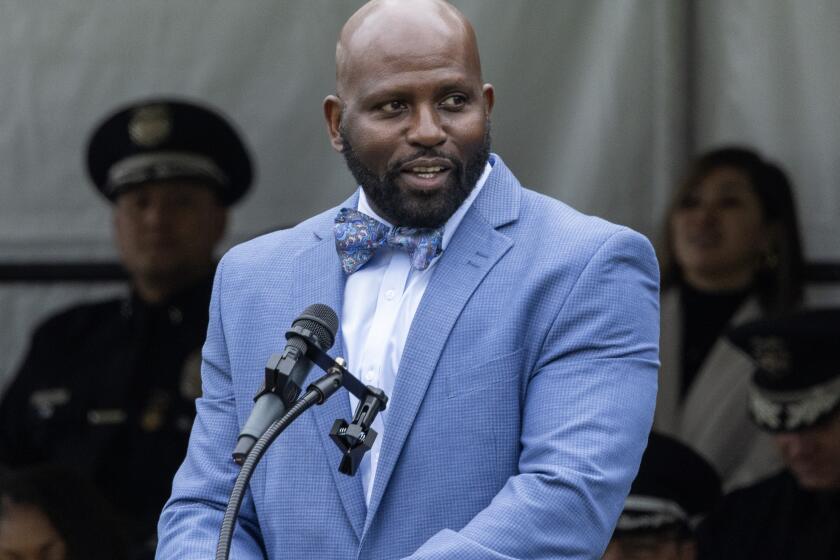 LOS ANGELES, CA - MAY 03: Deputy Mayor for Public Safety Brian K. Williams delivers a speech during the graduation ceremony for LAPD recruit class 11-23 at the Los Angeles Police Academy in Los Angeles, CA on Friday, May 3, 2024. (Myung J. Chun / Los Angeles Times)