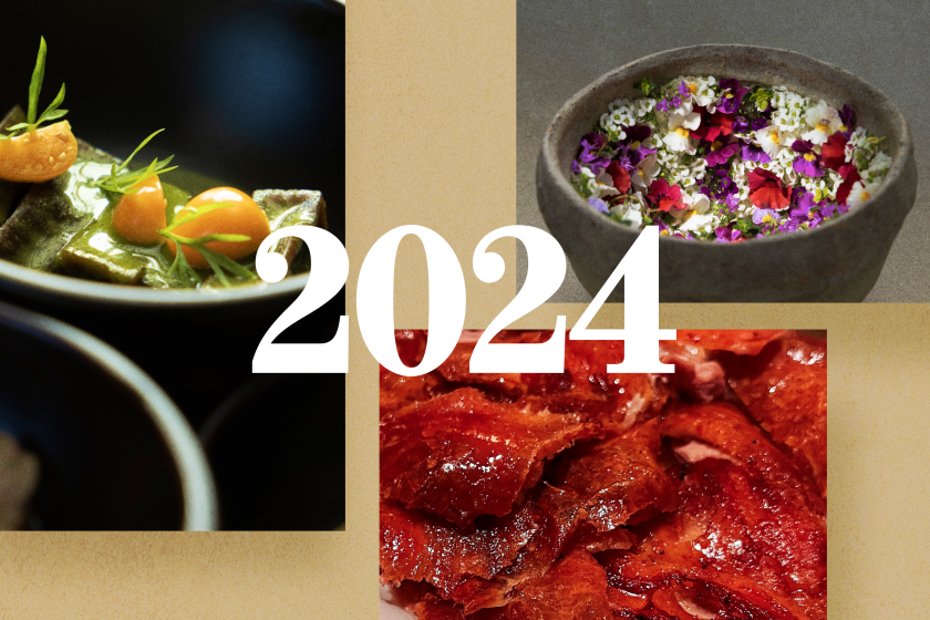 a Collage of food photos: banchan, duck, and edible flowers