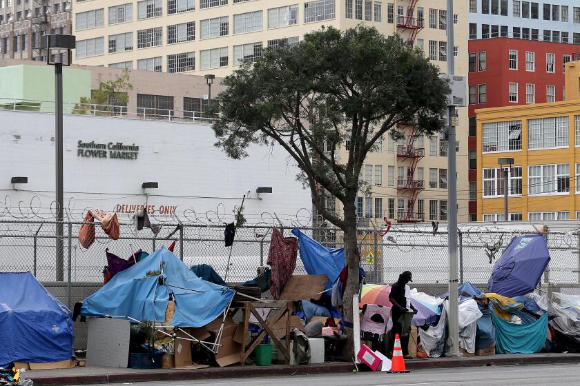 LOS ANGELES, CA - APRIL 21:. Entire blocks are packed with homeless encampments on skid row in downtown Los Angeles. (Luis Sinco / Los Angeles Times) LA homeless