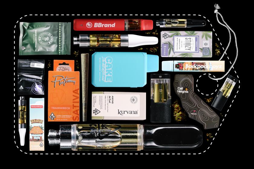 photo illustration of several cannabis products contained in the dotted line shape of a price tag