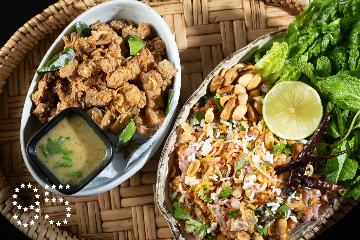 Fried pork belly and nam khao (crispy rice salad) at Nok's Kitchen